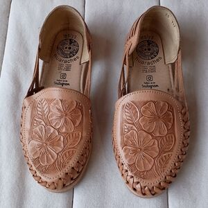 Beautiful Floral Detailed Tan Leather Women's Huarache Shoes_6.5